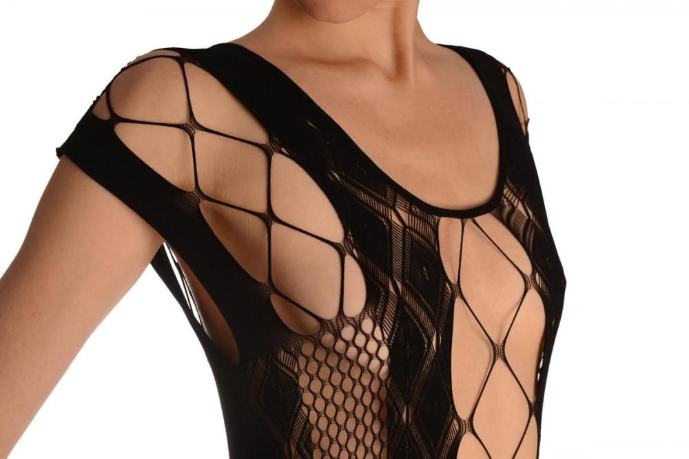 Liss Kiss Black Rombs Lace Mini Dress With Wide Straps (Bodystocking) - Bodystocking