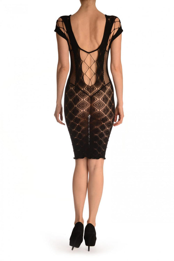 Liss Kiss Black Rombs Lace Mini Dress With Wide Straps (Bodystocking) - Bodystocking