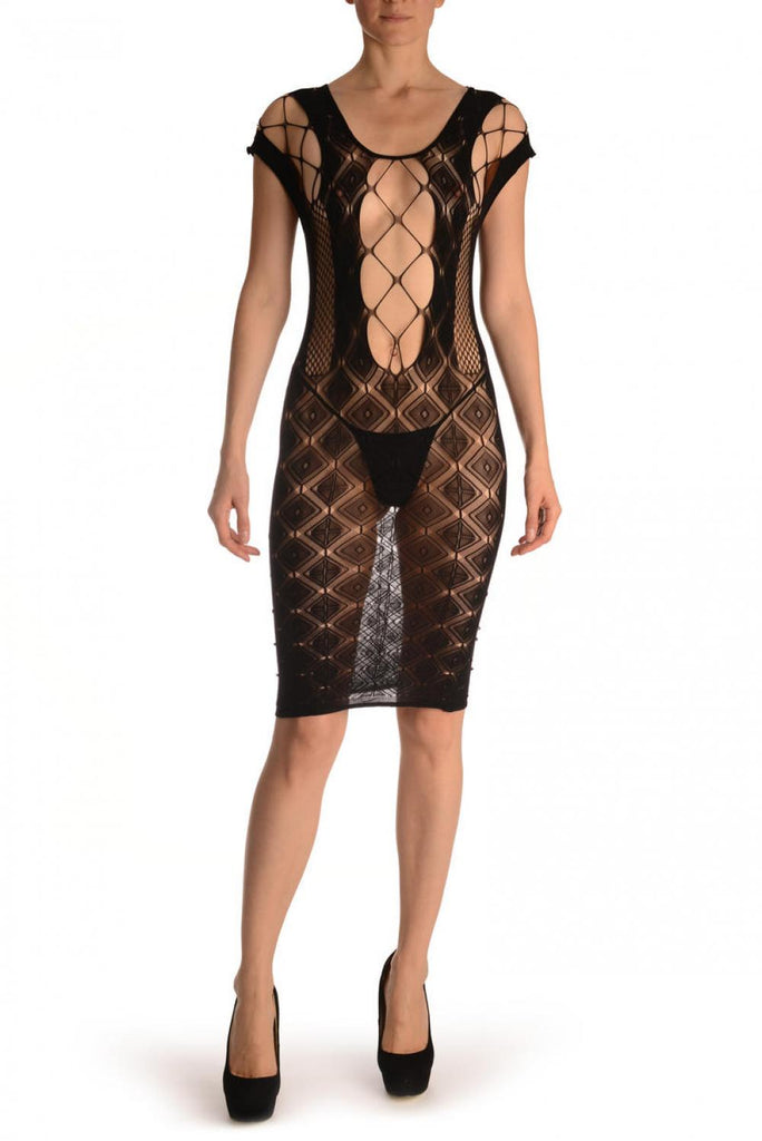 liss kiss Black Rombs Lace Mini Dress With Wide Straps (Bodystocking) - Bodystocking