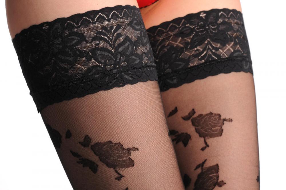 Liss Kiss Black Roses At The Top & Matching Lace Silicon Garter 20 Den - Hold Ups