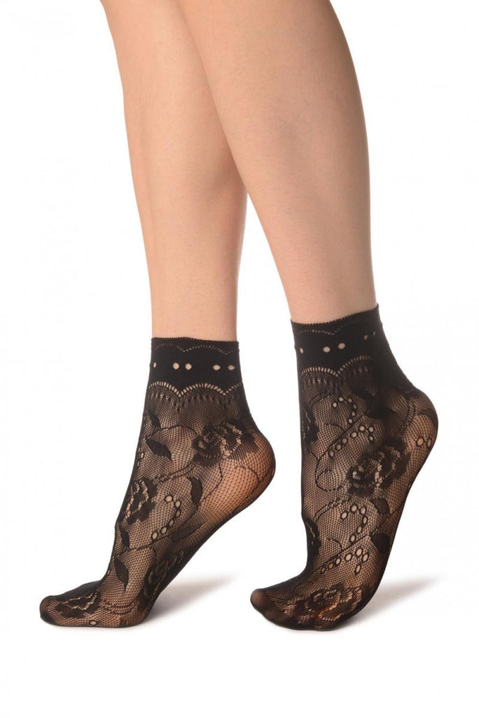 Liss Kiss Black Roses Lace With Comfort Top Ankle High Socks - Socks