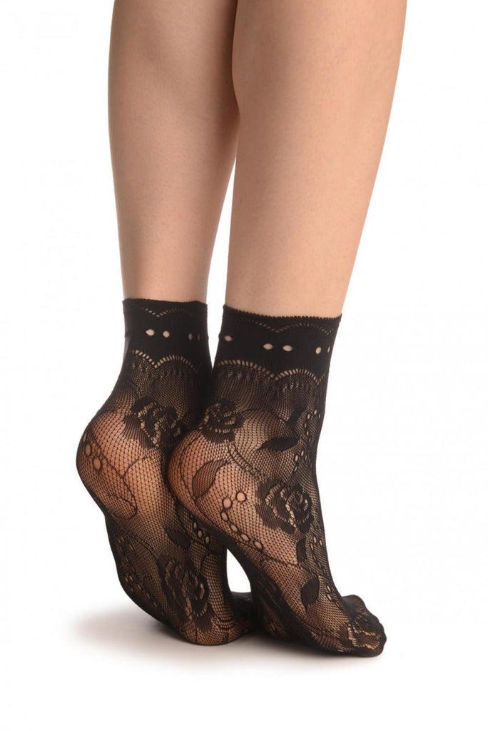 Liss Kiss Black Roses Lace With Comfort Top Ankle High Socks - Socks