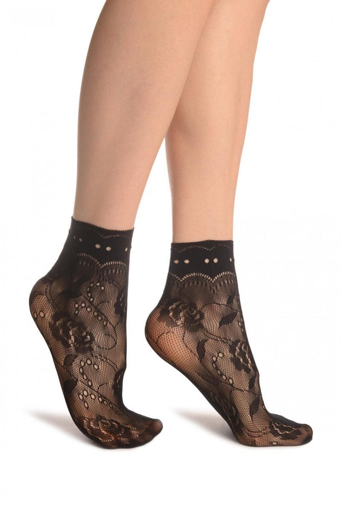 Liss Kiss Black Roses Lace With Comfort Top Ankle High Socks - Socks