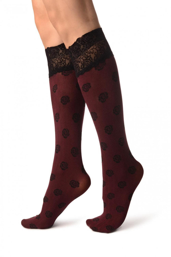 Liss Kiss Black Roses On Bordeaux With Velvet Silicon Top Knee High Socks - Socks