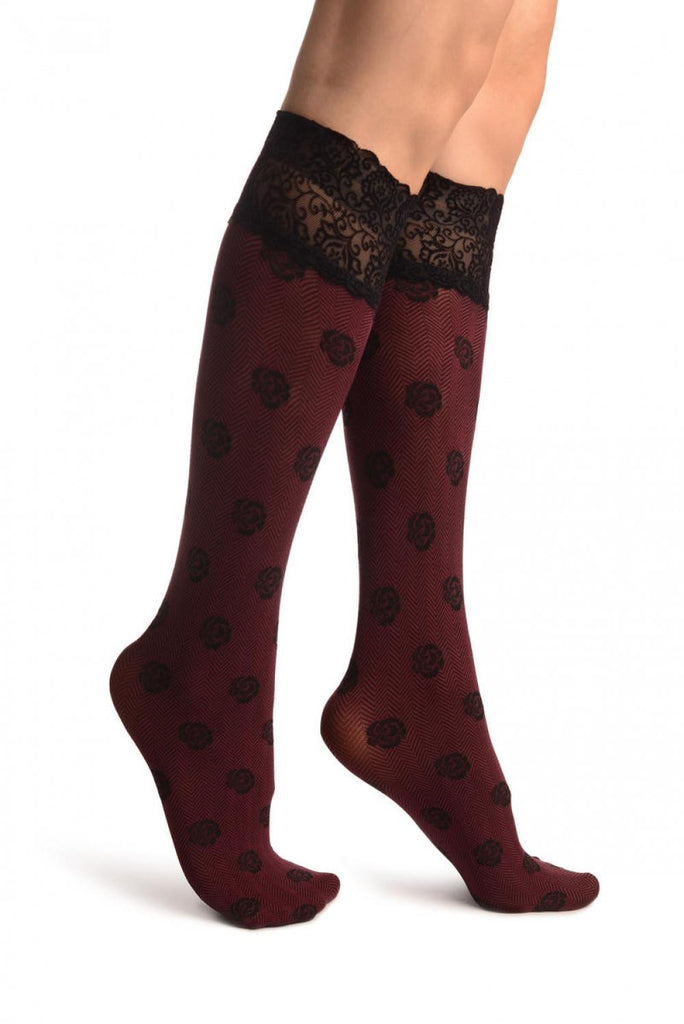 liss kiss Black Roses On Bordeaux With Velvet Silicon Top Knee High Socks - Socks