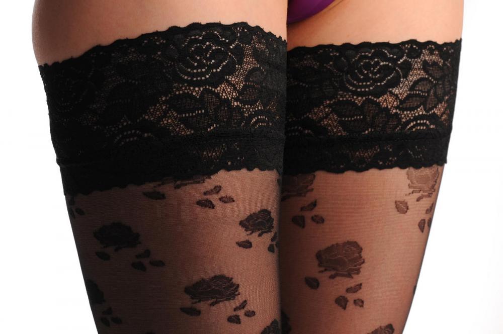 Liss Kiss Black Roses With Matching Silicon Garter - Hold Ups