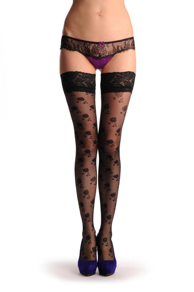 Liss Kiss Black Roses With Matching Silicon Garter - Hold Ups