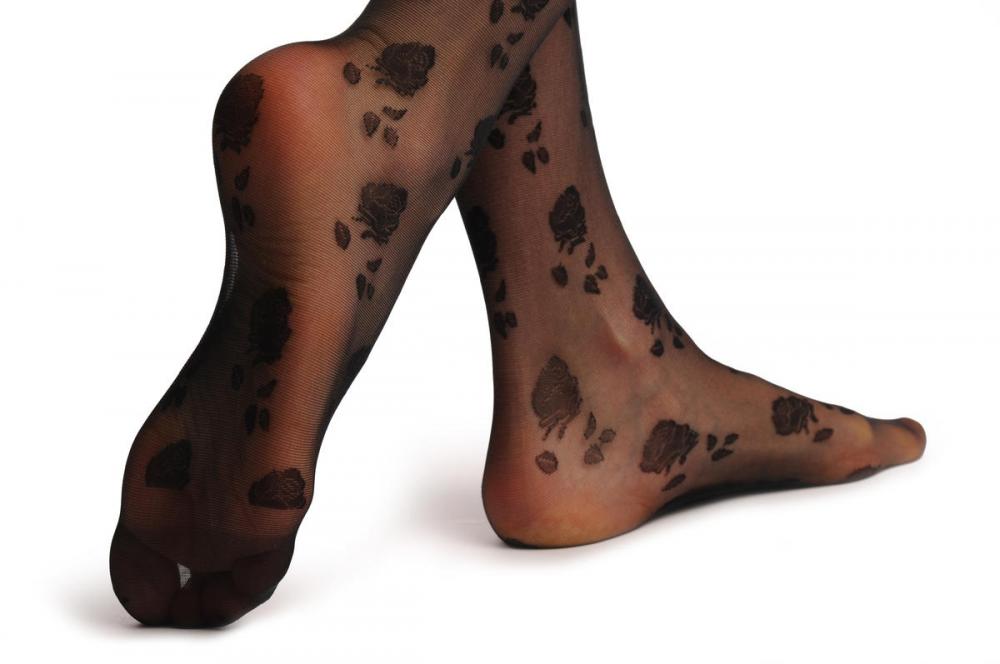 Liss Kiss Black Roses With Matching Silicon Garter - Hold Ups