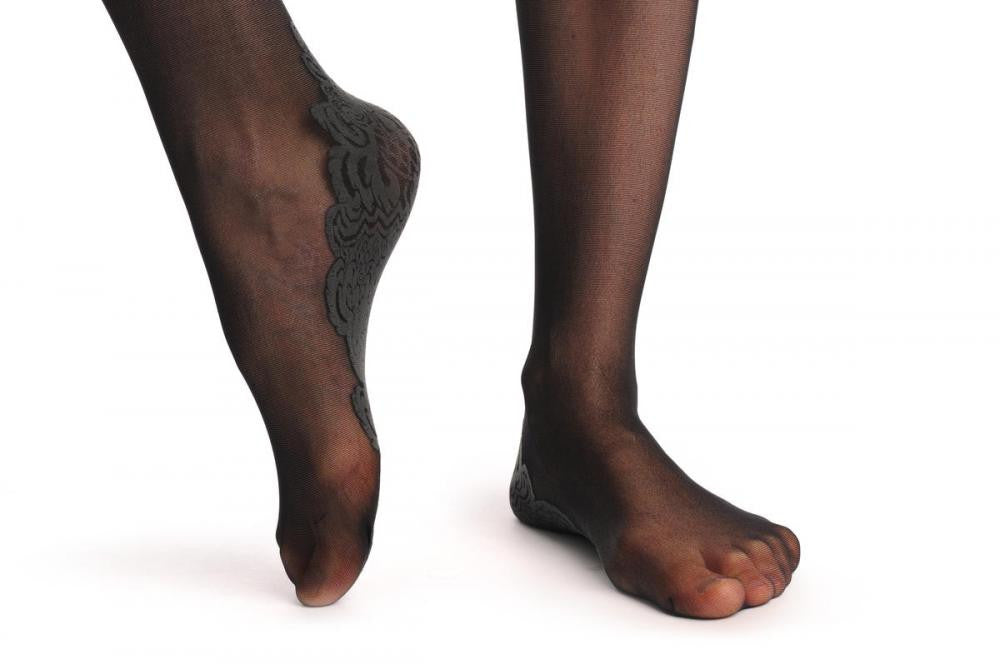 Liss Kiss Black Seam With Wide Black & Grey Floral Garter - Hold Ups