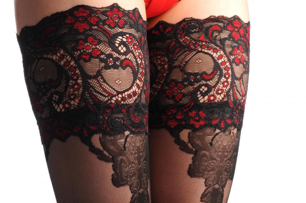 Liss Kiss Black Seam With Wide Black & Red Floral Garter - Hold Ups