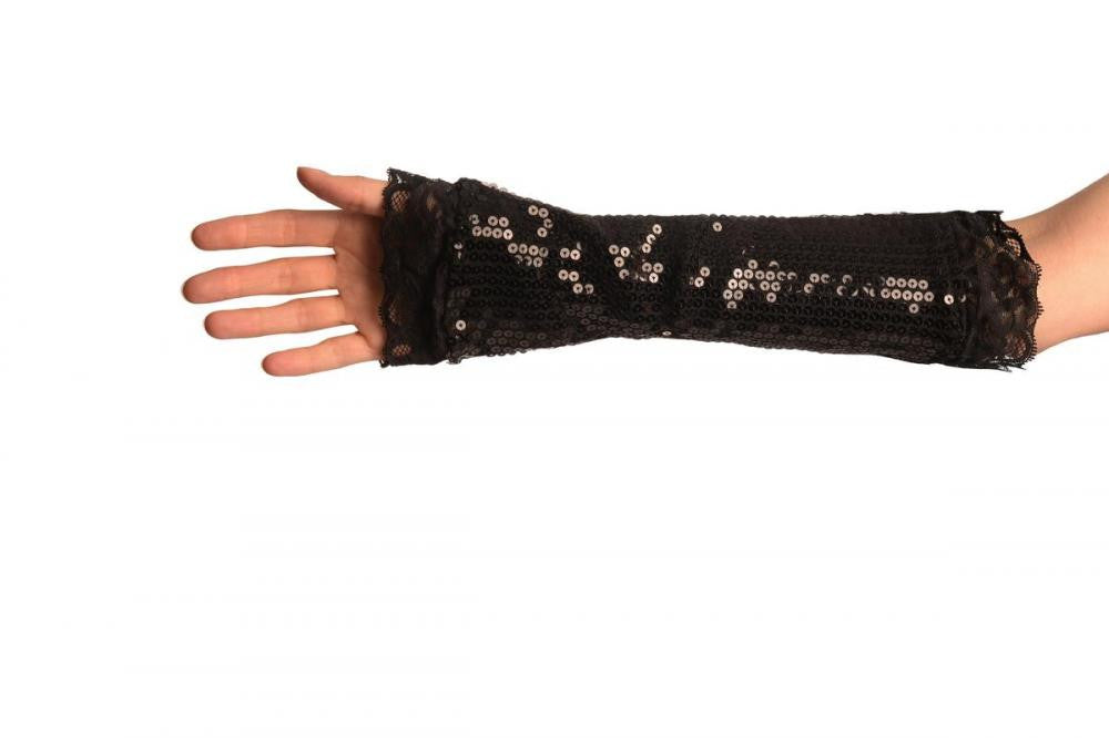 Liss Kiss Black Sequin Elbow Party Gloves With Lace - Gloves