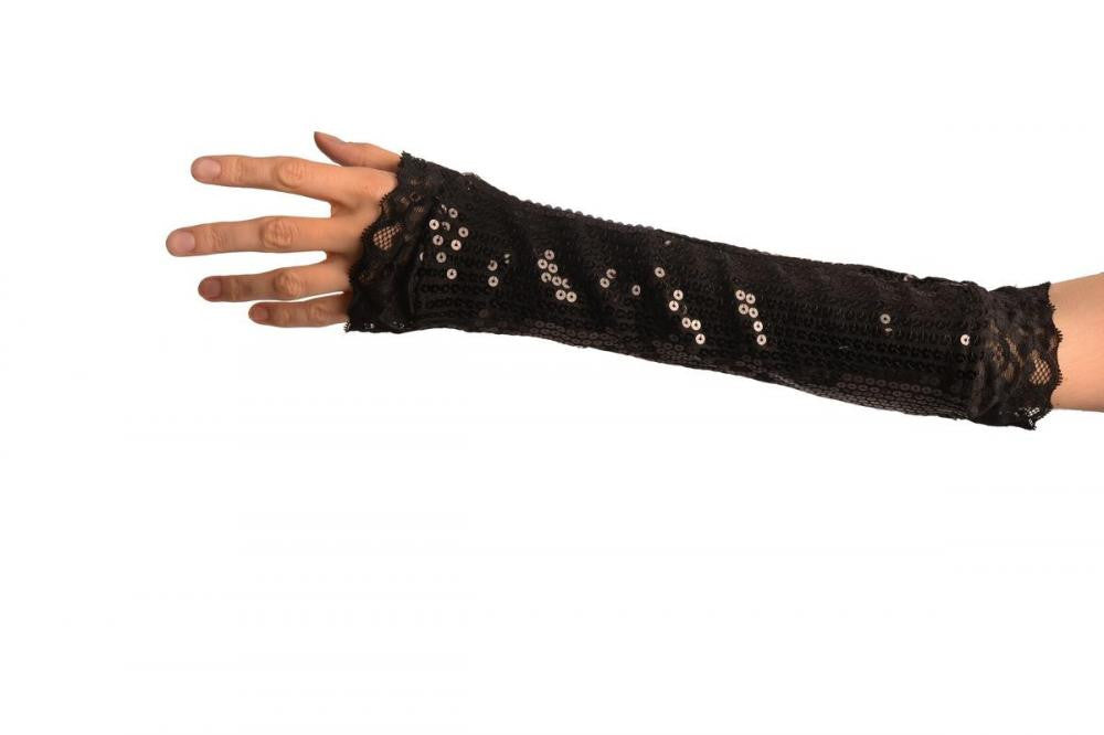 Liss Kiss Black Sequin Elbow Party Gloves With Lace - Gloves