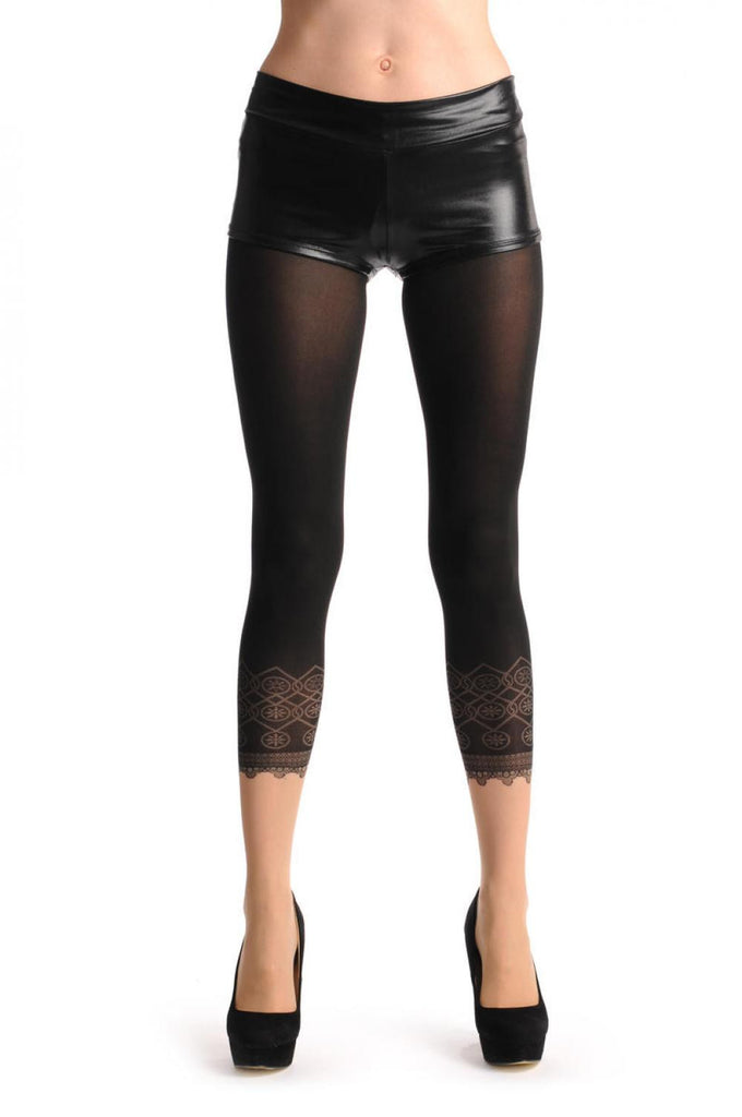 liss kiss Black Sheer Faux Capri With Lace Trim & Nude Foot - Tights