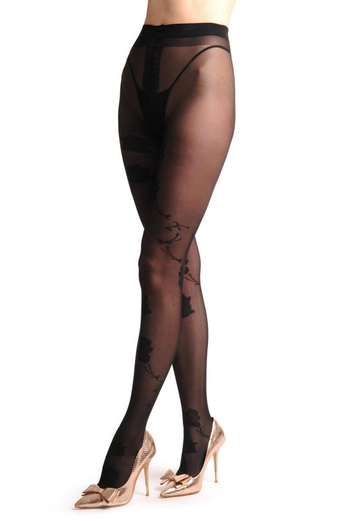 Liss Kiss Black Sheer With Large Black Chrysanthemums Flowers - Tights