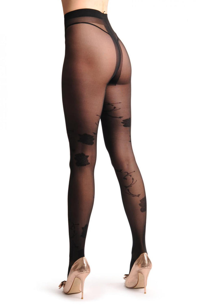 Liss Kiss Black Sheer With Large Black Chrysanthemums Flowers - Tights