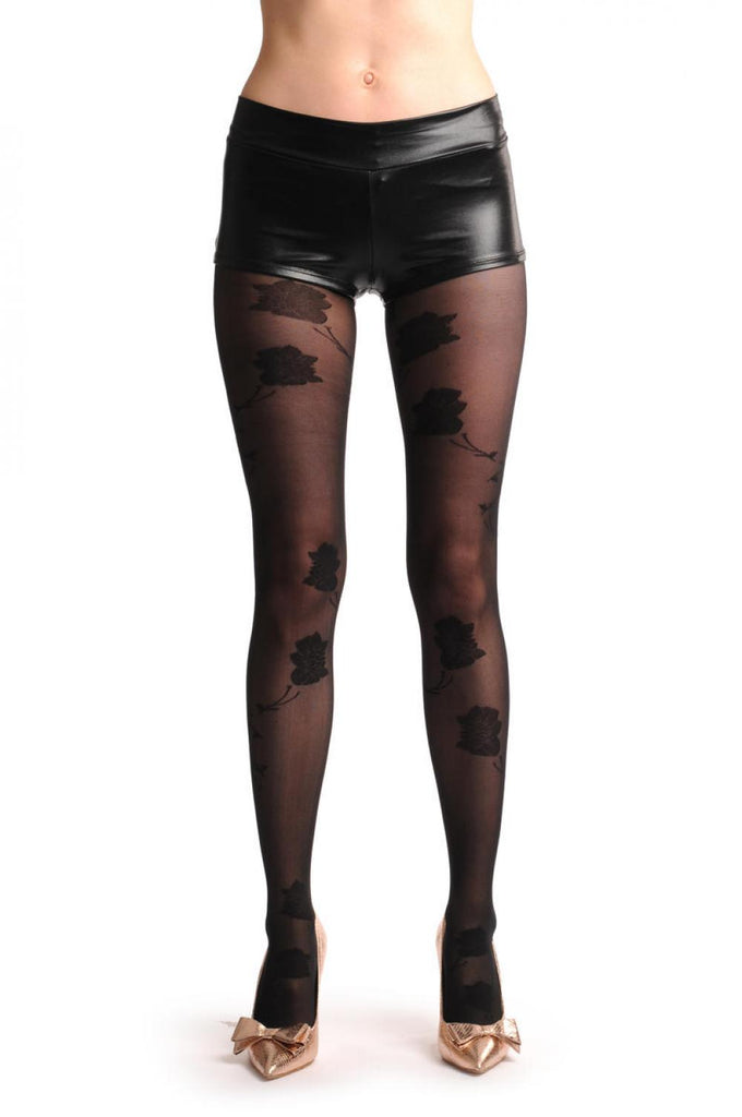 liss kiss Black Sheer With Large Black Chrysanthemums Flowers - Tights