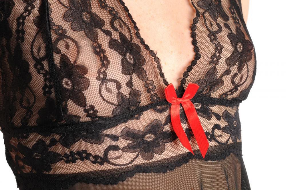 Liss Kiss Black Sheer With V Neck Black Lace Red Bow & Matching Brief Set - Babydoll
