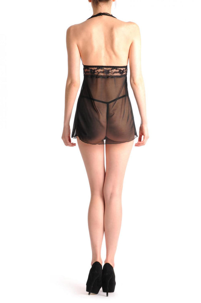 Liss Kiss Black Sheer With V Neck Black Lace Red Bow & Matching Brief Set - Babydoll