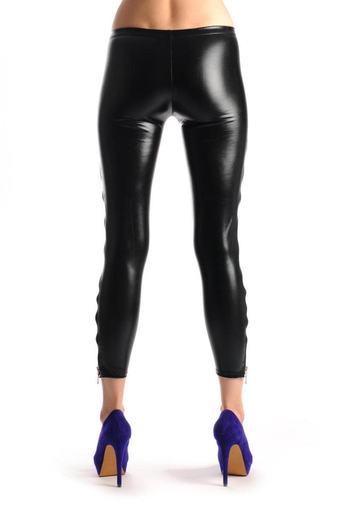 Liss Kiss Black Shiny Faux Leather Wet Look With Side Zip - Leggings
