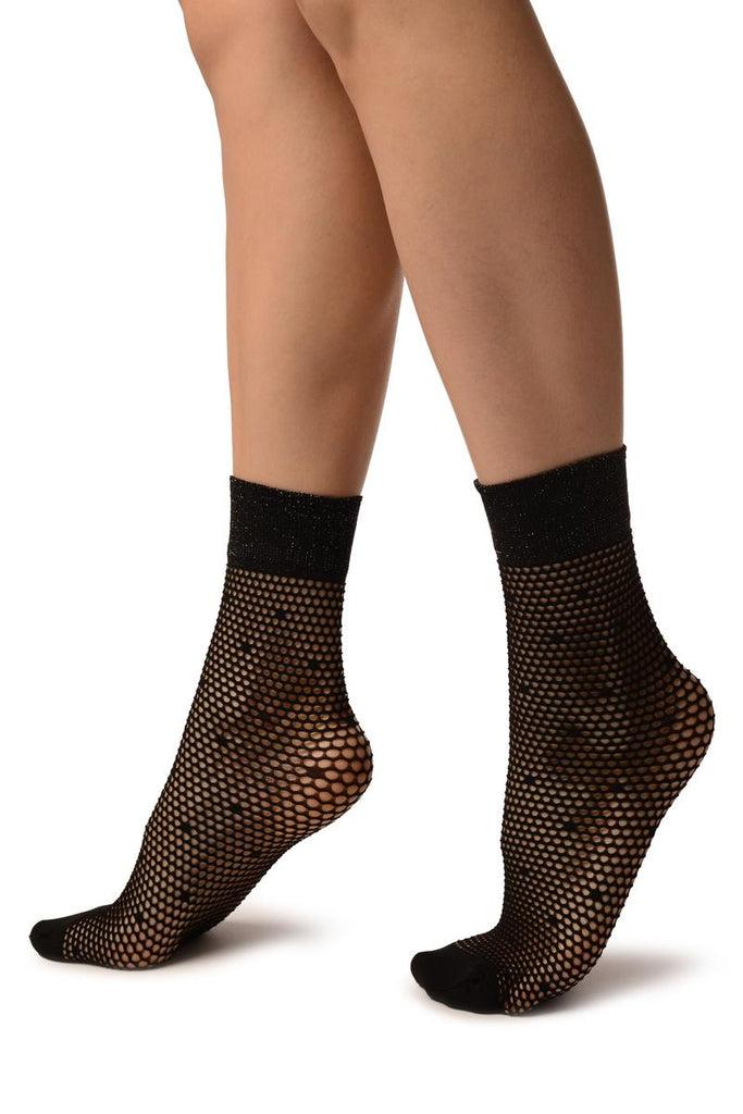 Liss Kiss Black Sick Dotted Mesh With Silver Lurex Top Ankle High Socks - Socks