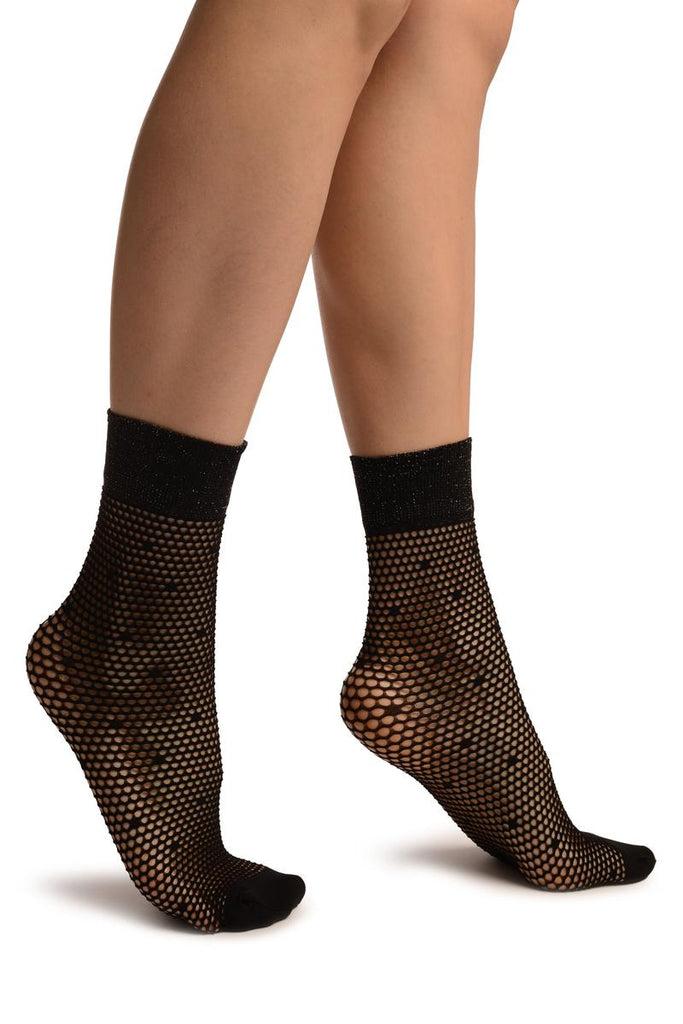 liss kiss Black Sick Dotted Mesh With Silver Lurex Top Ankle High Socks - Socks