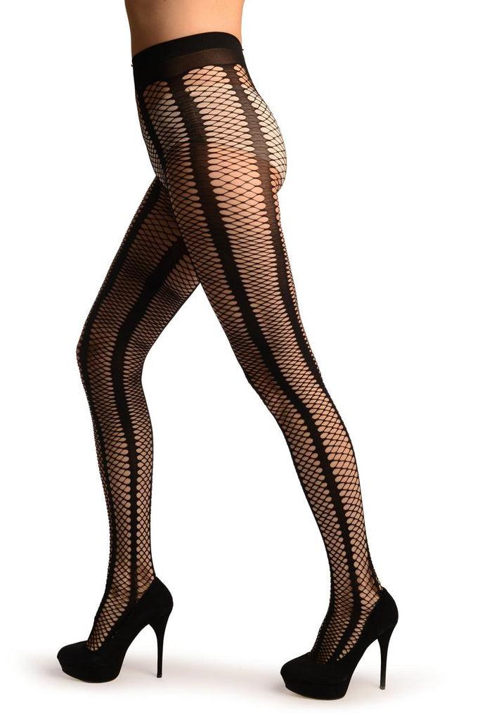 Liss Kiss Black Sick Mesh Fishnet With Black Stripes Tights - Tights