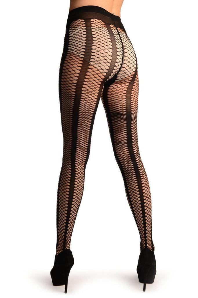 Liss Kiss Black Sick Mesh Fishnet With Black Stripes Tights - Tights