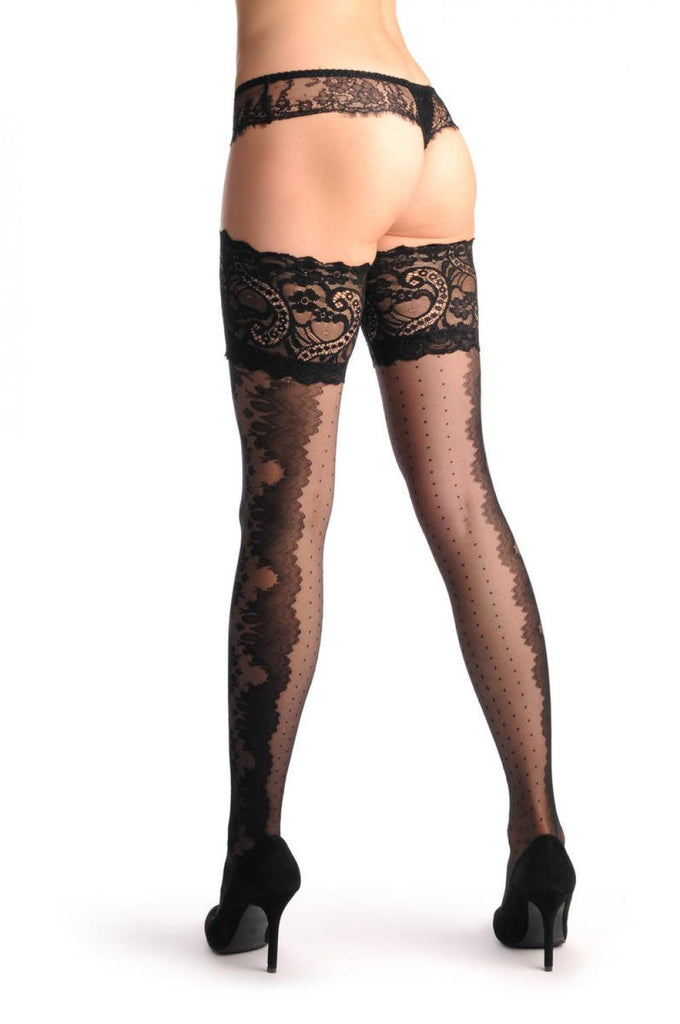 Liss Kiss Black Small Dots With Wide Lace Seam & Silicon Lace Garter - Hold Ups