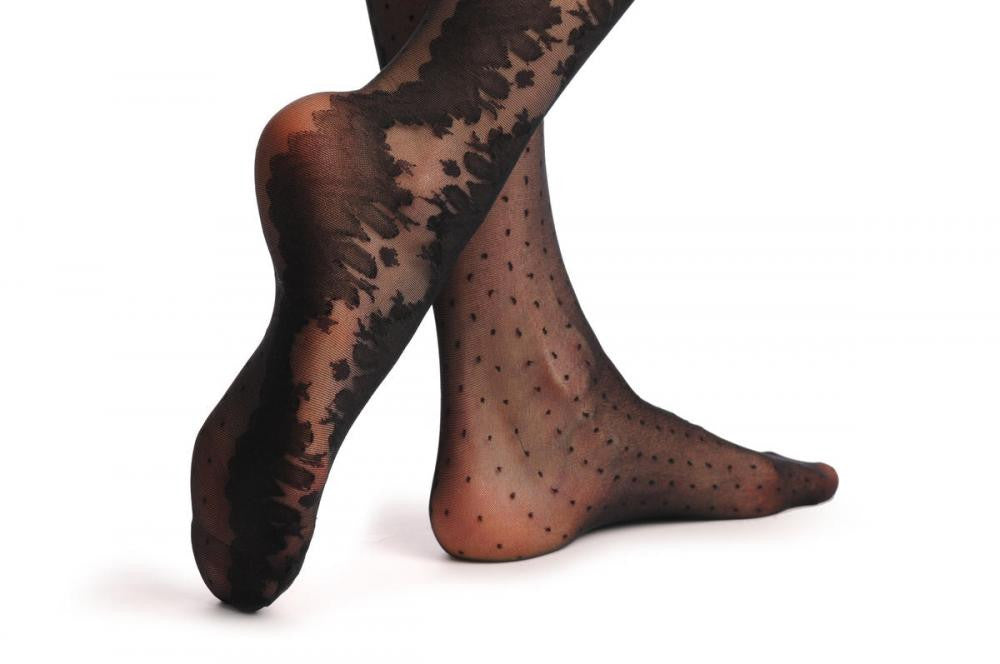 Liss Kiss Black Small Dots With Wide Lace Seam & Silicon Lace Garter - Hold Ups