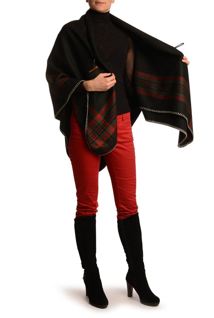 Liss Kiss Black Square With Wide Stripe Fastening Blanket Wrap (Poncho) - Poncho