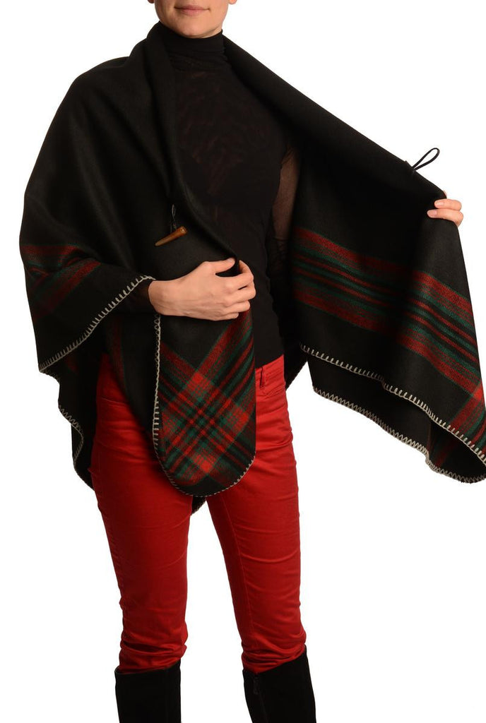 Liss Kiss Black Square With Wide Stripe Fastening Blanket Wrap (Poncho) - Poncho
