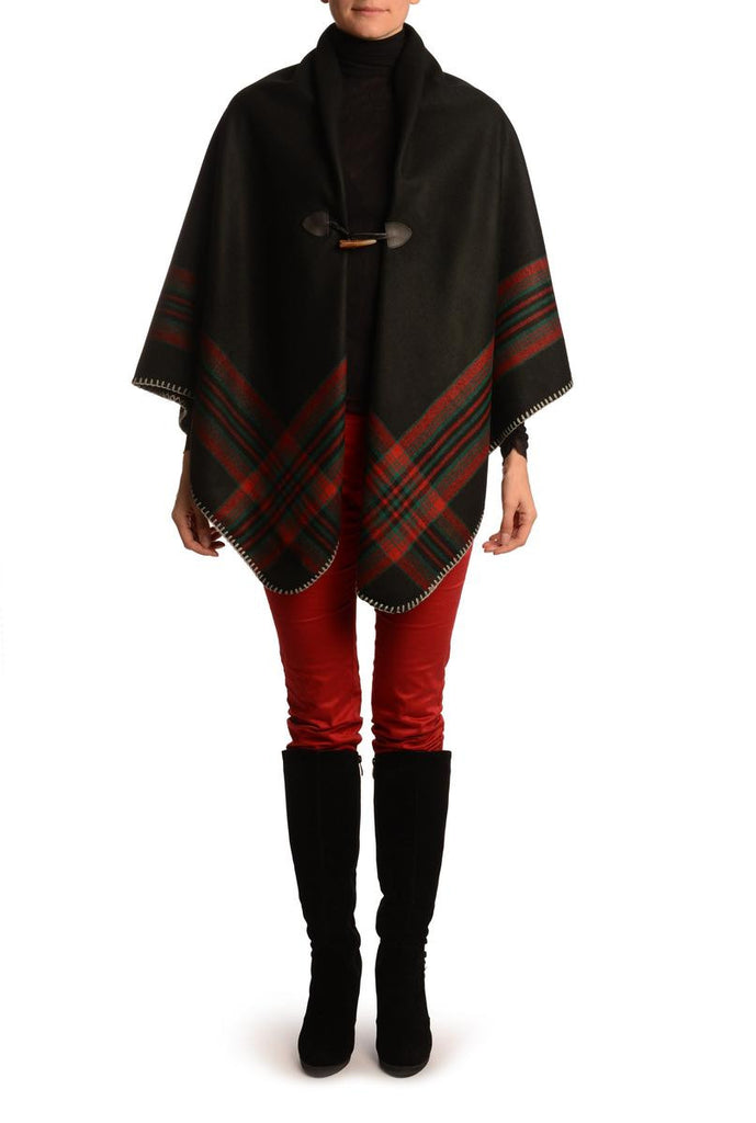 liss kiss Black Square With Wide Stripe Fastening Blanket Wrap (Poncho) - Poncho