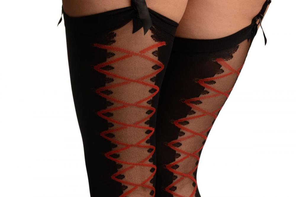 Liss Kiss Black Stockings With Sheer Red Lace Up Seam - Stockings