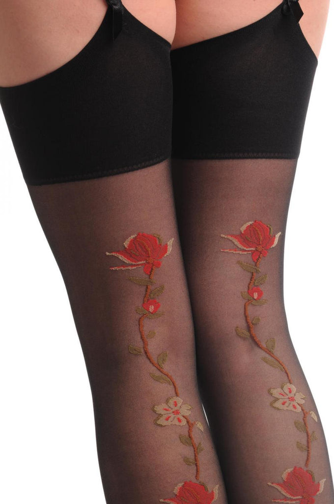 Liss Kiss Black Stockings With Woven Red & White Roses At The Back - Stockings