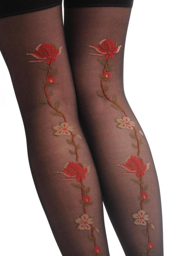 Liss Kiss Black Stockings With Woven Red & White Roses At The Back - Stockings