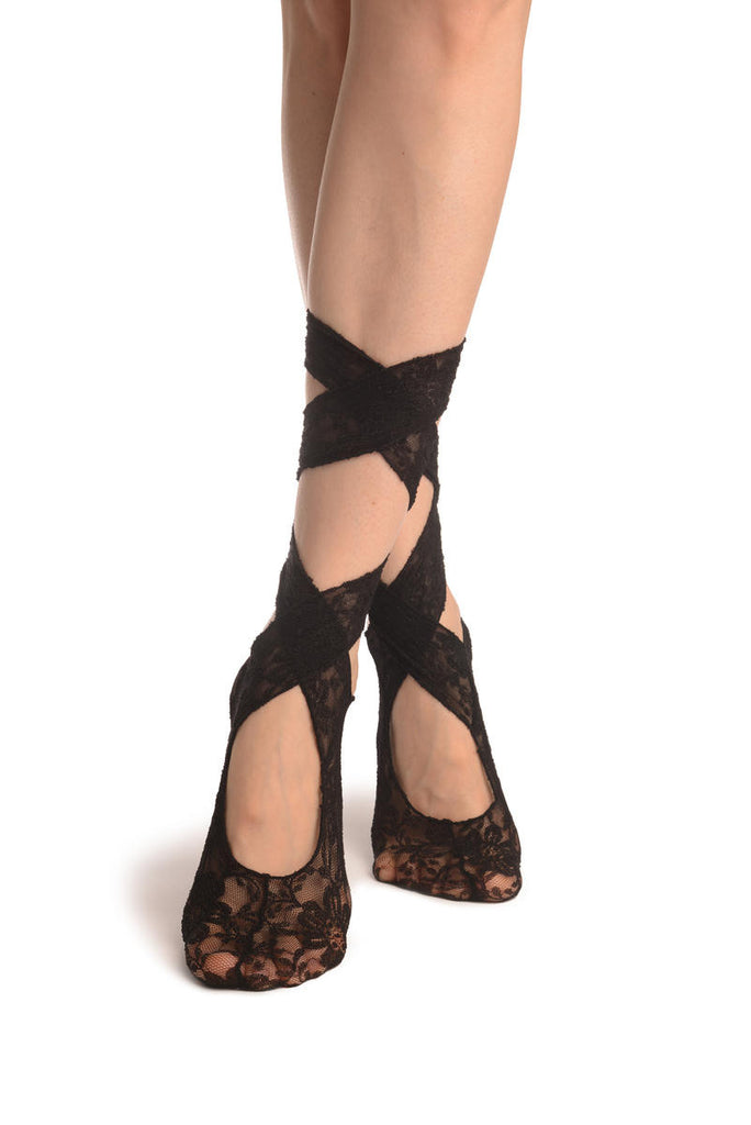 Liss Kiss Black Stretch Lace Ballet Pointe Footies - Footsies Socks