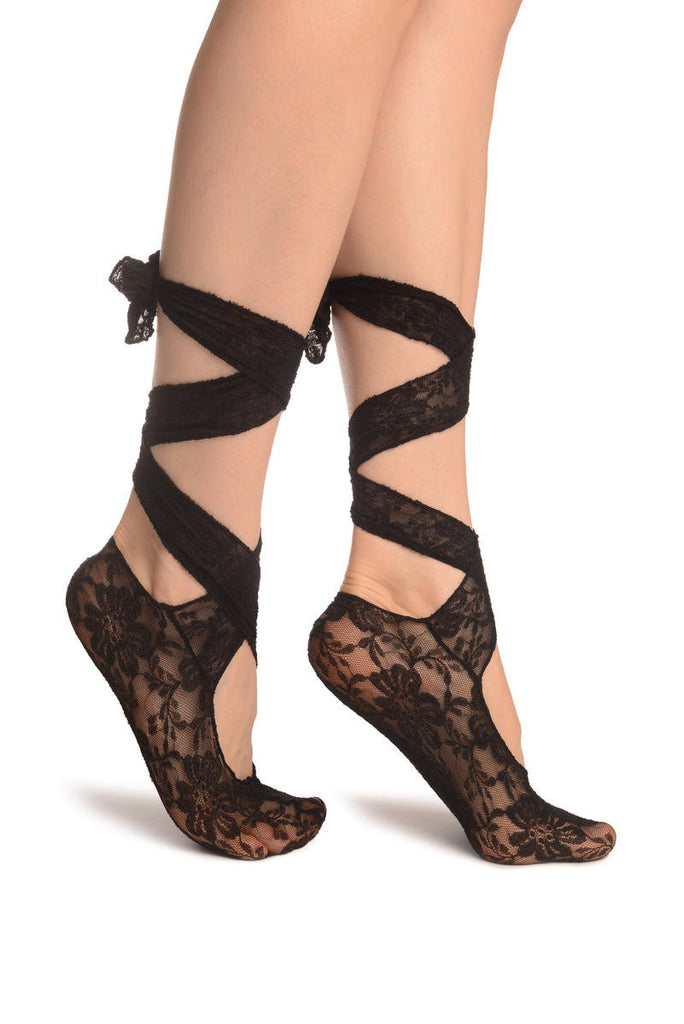 Liss Kiss Black Stretch Lace Ballet Pointe Footies - Footsies Socks