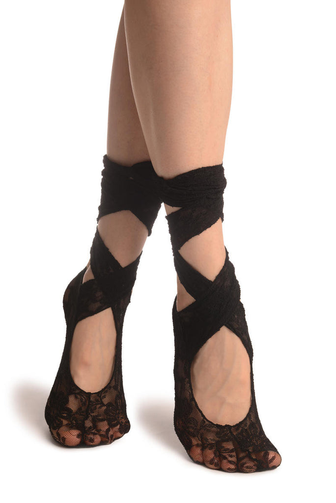 liss kiss Black Stretch Lace Ballet Pointe Footies - Footsies Socks