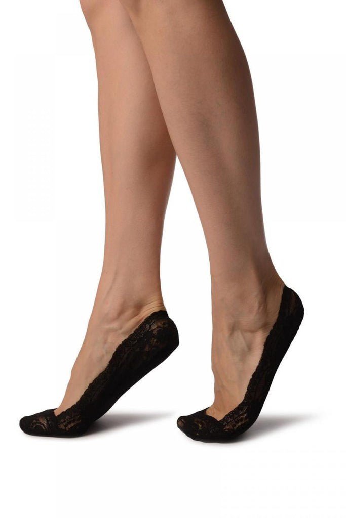 Liss Kiss Black Stretchy Lace With Silicon Inner Stripe & Bottom Footies - Footsies Socks