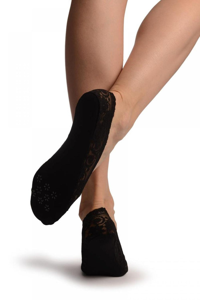 Liss Kiss Black Stretchy Lace With Silicon Inner Stripe & Bottom Footies - Footsies Socks