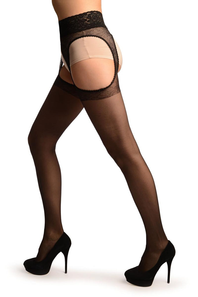 Liss Kiss Black Suspender Belt With Floral Silicon Lace Top Tights - Tights
