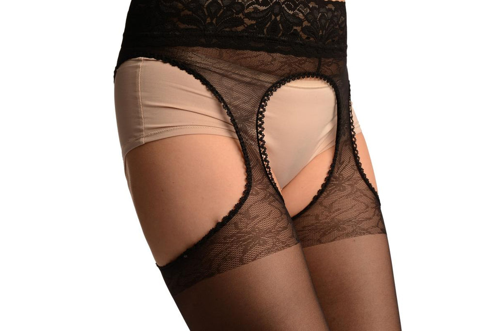 Liss Kiss Black Suspender Belt With Floral Silicon Lace Top Tights - Tights