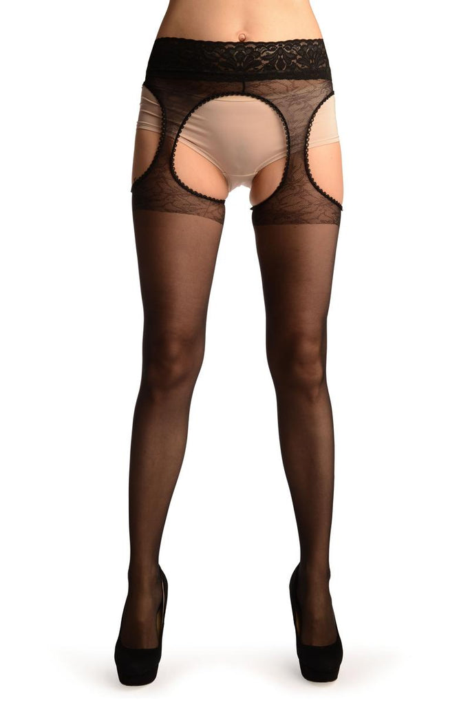 liss kiss Black Suspender Belt With Floral Silicon Lace Top Tights - Tights