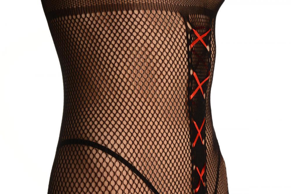 Liss Kiss Black Suspender Bodystocking With Red Corset - Bodystocking