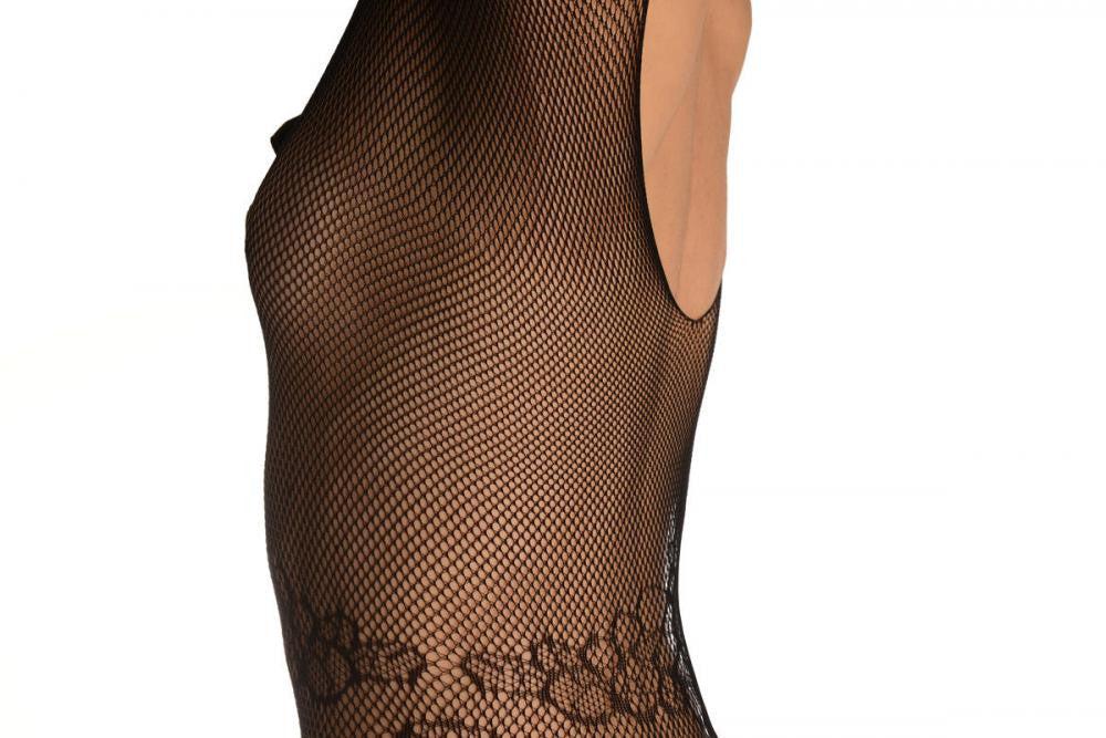 Liss Kiss Black Suspender Bodystocking With Sleeves & Satin Bow - Bodystocking