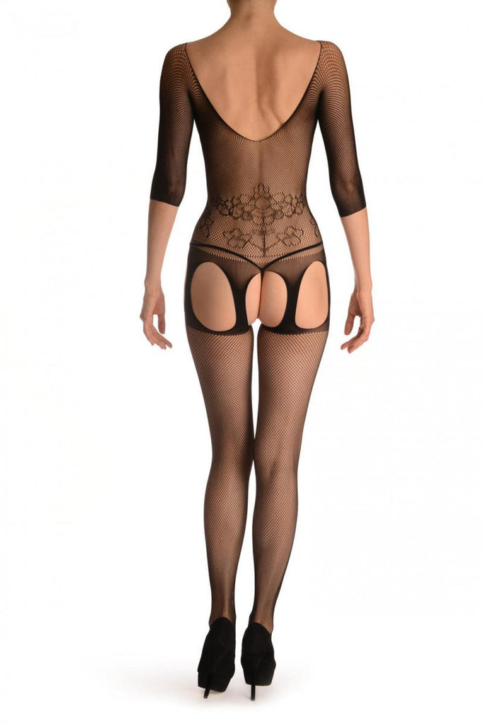 Liss Kiss Black Suspender Bodystocking With Sleeves & Satin Bow - Bodystocking