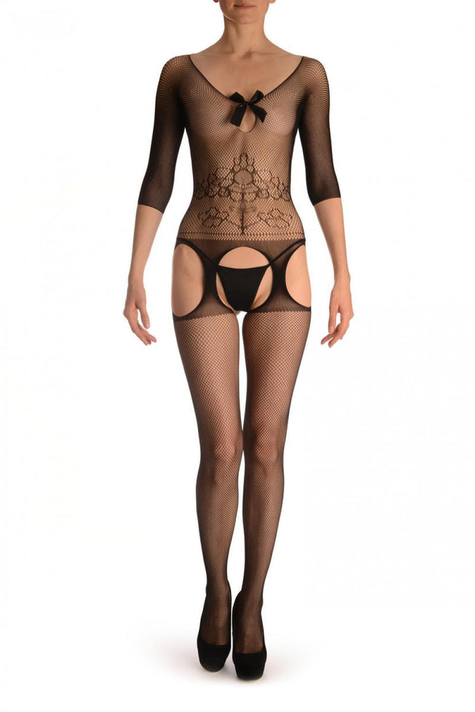 liss kiss Black Suspender Bodystocking With Sleeves & Satin Bow - Bodystocking