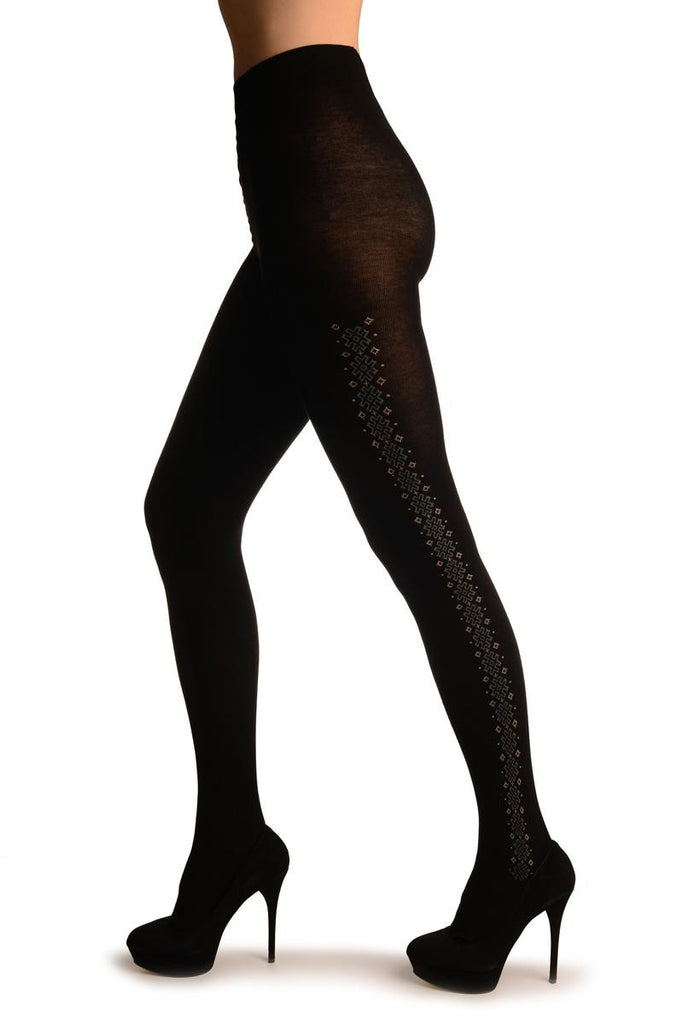 Liss Kiss Black Thick Cotton With Grey & Brown Stencils Side Seam - Tights