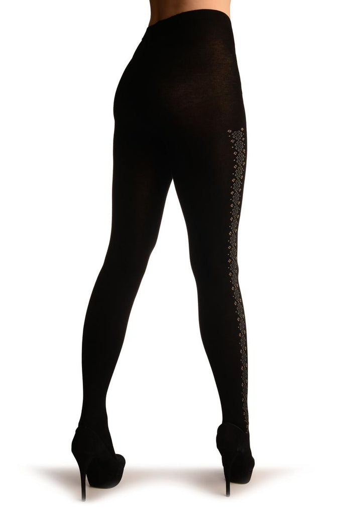 Liss Kiss Black Thick Cotton With Grey & Brown Stencils Side Seam - Tights
