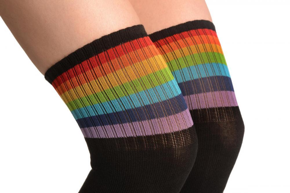 Liss Kiss Black Thick Cotton With Rainbow Strips Top - Over The Knee Socks